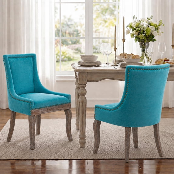 Dining Chairs Set of 2, LEGAHOME Farmhouse Upholstered Dining Side Chairs with High Back, Kitchen Chairs with Solid Wood Legs, Blue, 2 Pcs