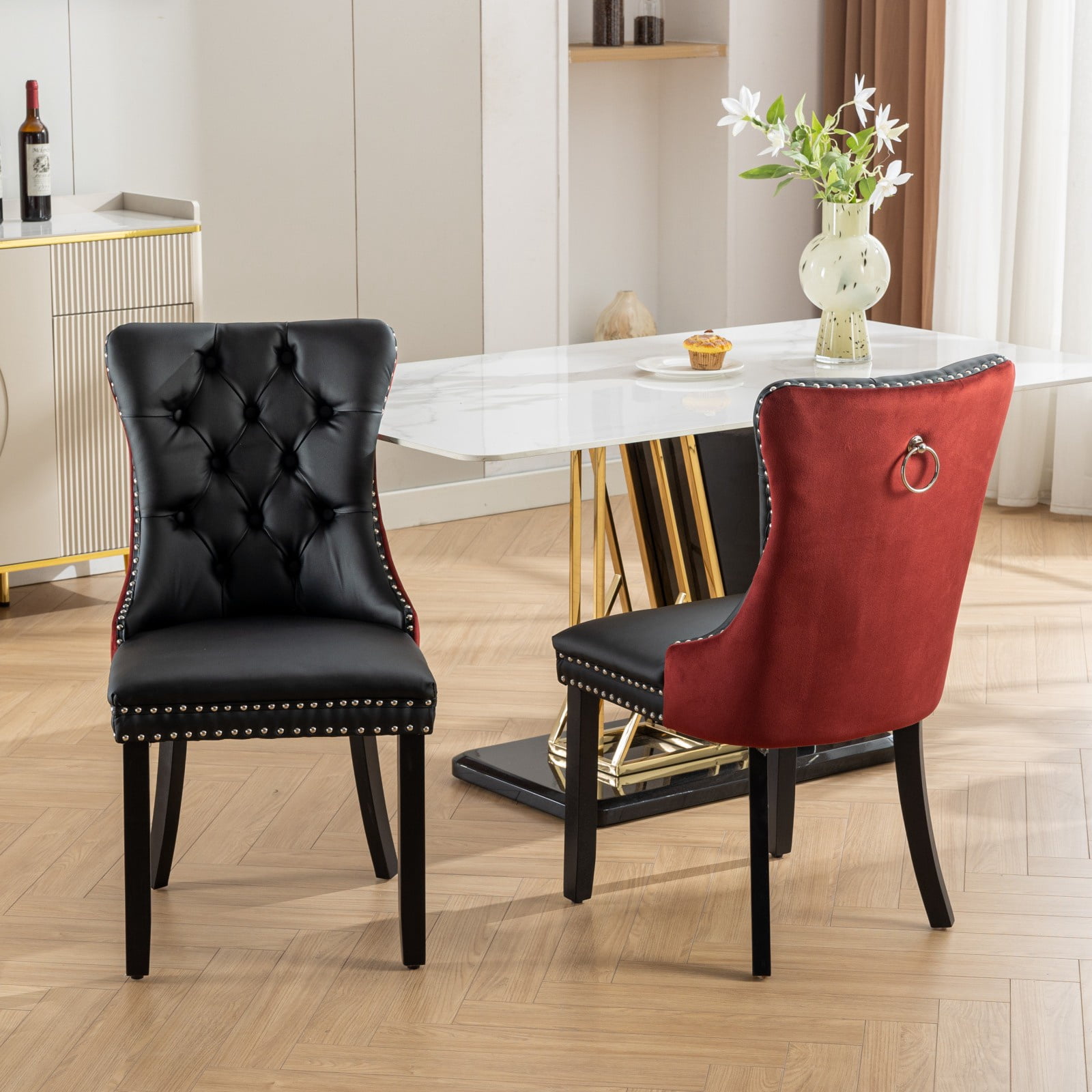Dining Chairs Set of 2, Upholstered High-End Tufted Dining Room Chair with Back Ring and Nailhead Trim, Modern Velvet Kitchen Chairs with Solid Wood Legs for Kitchen, Home,Black+Wine
