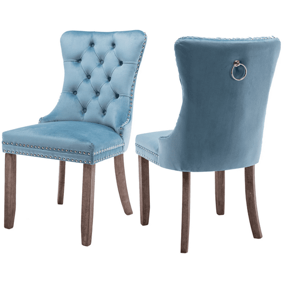 Dining Chairs Set of 2, Upholstered High-End Tufted Dining Room Chair with Back Ring and Nailhead Trim, Modern Velvet Kitchen Chairs with Solid Wood Legs for Kitchen, Home,Light Blue