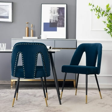 Dining Chairs Set of 2, Velvet Accent Chair, Modern Living Room Chair with Nail Heads and Gold Tipped Black Metal Legs, Upholstered Armless Side Chair for Dining Room Bedroom Kitchen,  Blue