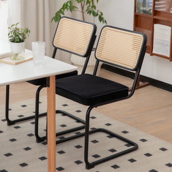 Dining Chairs Set of 2, Velvet Rattan Side Accent Chairs with Chrome Legs, Modern Mid Century Breuer Designed Chairs, Upholstered Dining Living Room Kitchen Chairs (Black-2pcs)