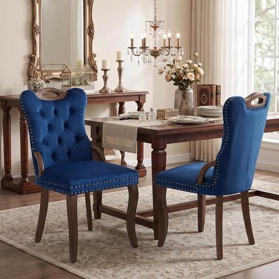 Dining Chairs Set of 2, Velvet Upholstered Kitchen Chairs with Vintage Copper Nails, Solid Wood Handles & Curved Legs, Mid Century Modern Dining Room Chairs for Home (Blue, Set of 2)