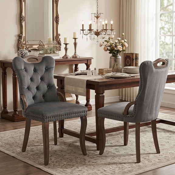 Dining Chairs Set of 2, Velvet Upholstered Kitchen Chairs with Vintage Copper Nails, Solid Wood Handles & Curved Legs, Mid Century Modern Dining Room Chairs for Home (Dark Gray, Set of 2)