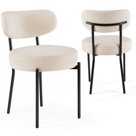 Dining Chairs Set of 2, White Boucle Upholstered Chairs with Curved Backrest and Black Metal Legs, Mid-Century Modern Kitchen and Living Room Accent Chairs