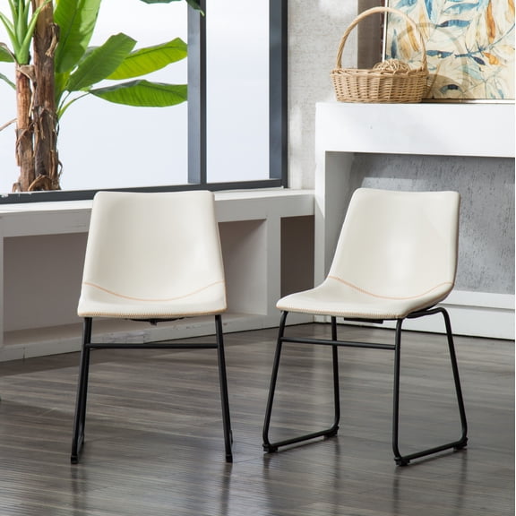 Dining Chairs, Set of 2 White Faux Leather Upholstered Seats with Black Metal Sleigh-Style Legs and Integrated Footrest, Vintage Zig-Zag Stitching, 18.5"W x 22.25"D x 31.5"H for Kitchen