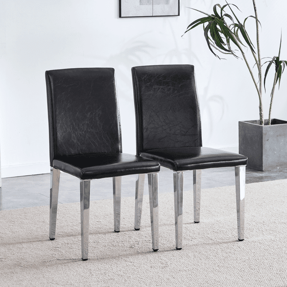Dining Chairs Set of 2 black PU backrest chairs with silver metal legs: They are ideally suited for minimalist and contemporary home styles, with dimensions of 16.2*18.5*34.6 inches.,Dining Room Seat