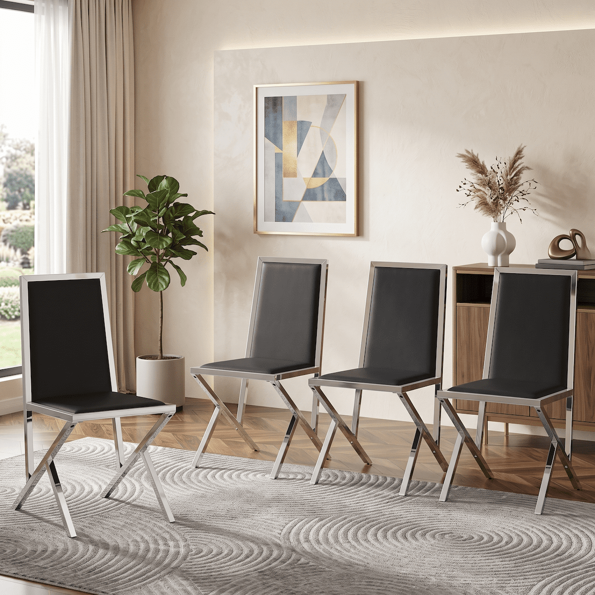 Dining Chairs Set of 4, Black PU Leather Dining Chairs with Silver Metal Frame, Ergonomic Modern Dining Room Chairs, Upholstered Kitchen Chairs with Adjustable Feet, Easy to Clean