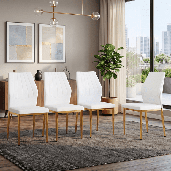 Dining Chairs Set of 4, Gold and White PU Leather Dining Chairs 37 Inch High, Ergonomic Backrest, Modern Upholstered Dining Room Chairs with Gold Metal Legs, Comfortable Kitchen Chairs