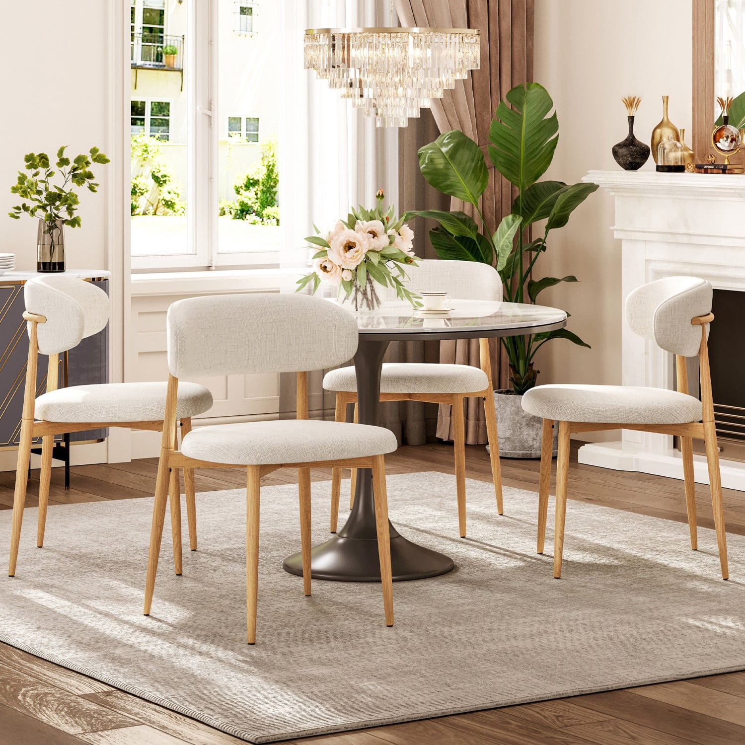 Dining Chairs Set of 4 Metal Kitchen Chairs Modern Fabric Upholstered Dining Room Chairs with Ergonomic Backrest Beige Industrial Farmhouse Style, Black