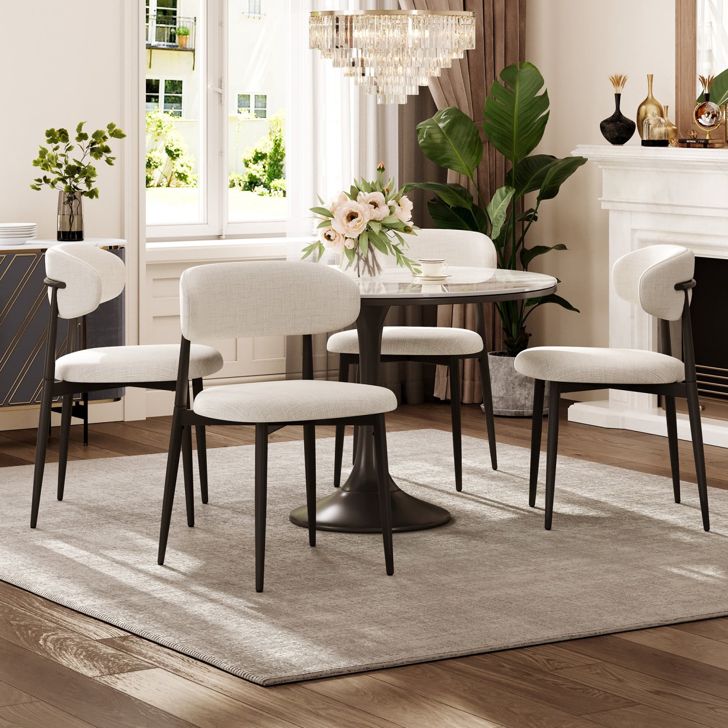 Dining Chairs Set of 4 Metal Kitchen Chairs Modern Fabric Upholstered Dining Room Chairs with Ergonomic Backrest Beige Industrial Farmhouse Style, Natural
