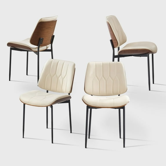 Dining Chairs Set of 4, Mid Century Modern Armless Accent Chair with Walnut Grain Back, Upholstered PU Leather Kitchen Chair for Dining Room, Living Room, Kitchen, Beige