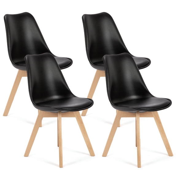 Dining Chairs Set of 4 Mid-Century Modern Dinning Chairs, Upholstered Dining Accent Chairs Living Room Bedroom Kitchen Outdoor Lounge Chair, PU Leather Cushion, Wood Legs with Anti-Slip, Black