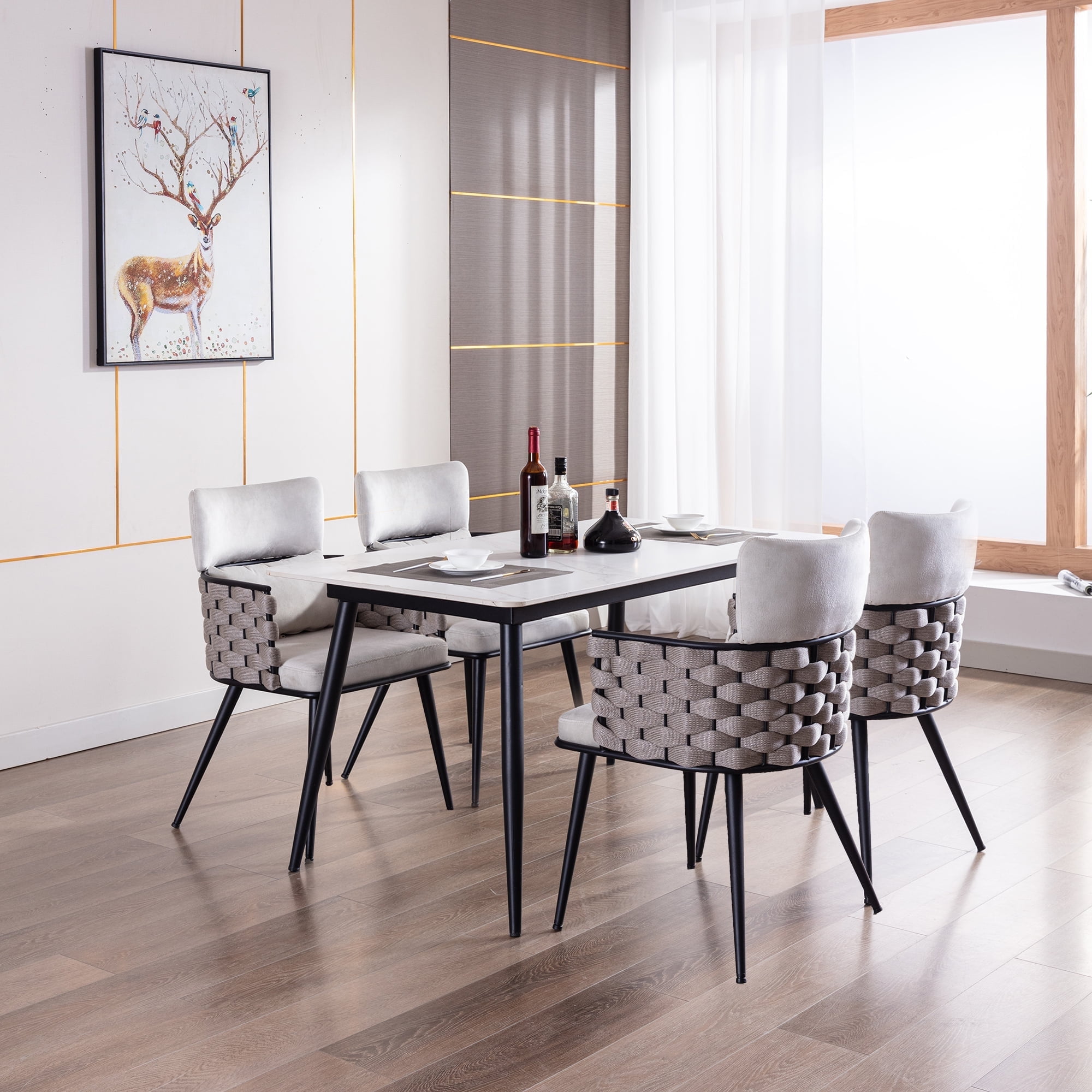 Set of 4 Modern Mid-Century Handmade Woven Dining Chairs, Upholstered ...