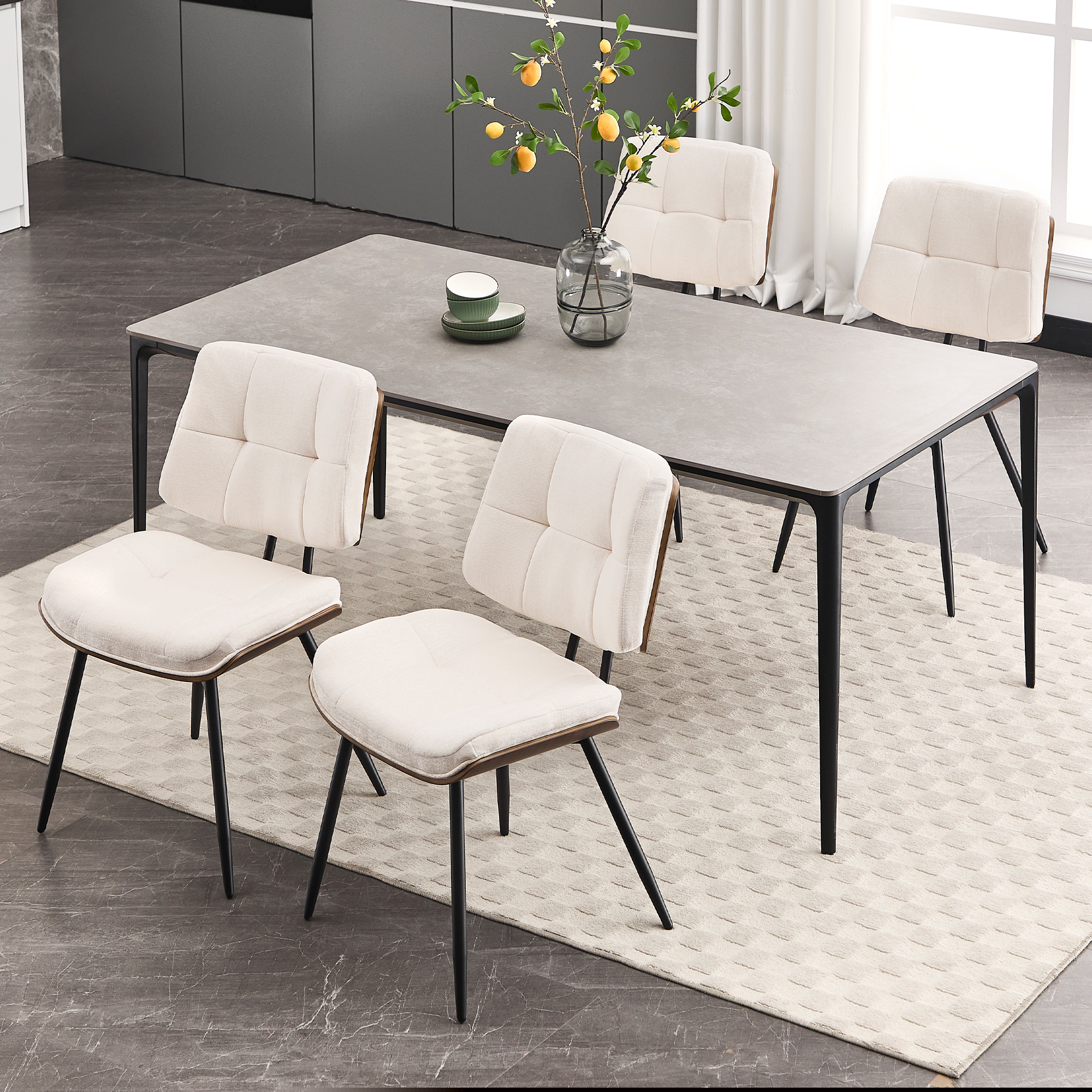 Dining Chairs Set of 4, Mid-Century Modern Kitchen & Dining Chairs, Fabric Upholstered Accent Chairs with Metal Legs, Walnut Style Armless Side Chairs for Guest Reception Waiting Room, Beige