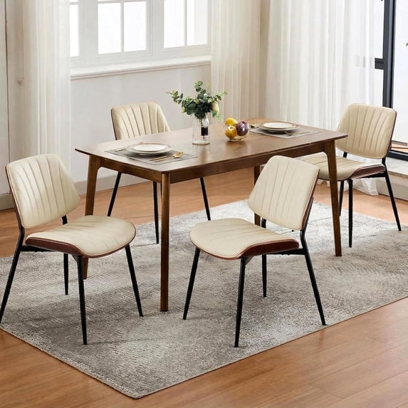 Dining Chairs Set of 4, Mid-Century Modern Upholstered Retro PU Leather Kitchen Chairs with Walnut Bentwood Back and Metal Legs Adjustable Feet for Kitchen Dining Room, Beige Shell Strips