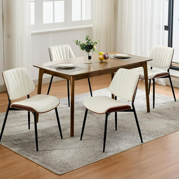 Dining Chairs Set of 4, Mid-Century Modern Upholstered Retro PU Leather Kitchen Chairs with Walnut Bentwood Back and Metal Legs Adjustable Feet for Kitchen Dining Room, White Shell Strips
