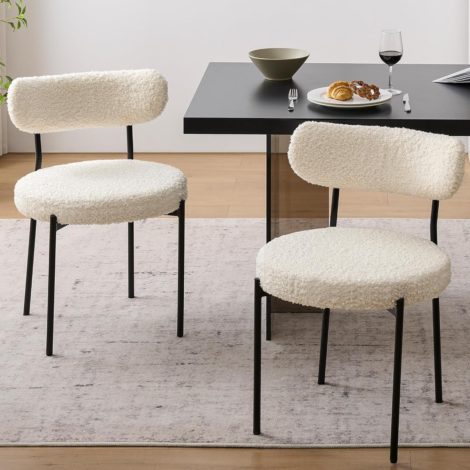 Dining Chairs Set Of 4 – Boucle Upholstered Seats & Curved Backrest | Mid-Century Modern Scandinavian Style | Black