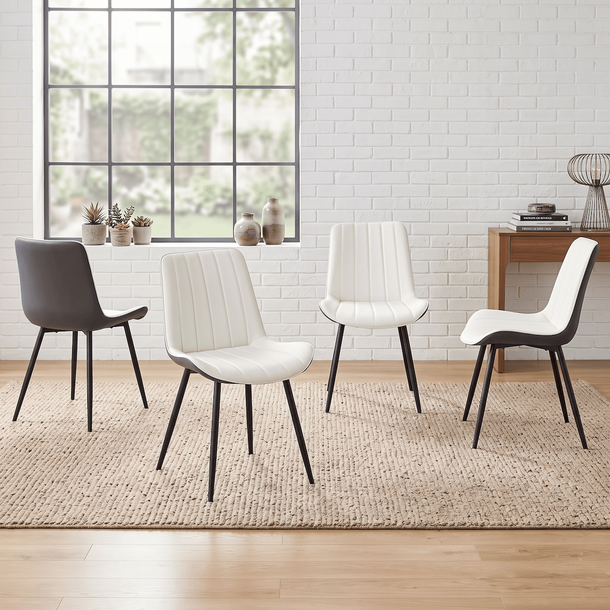 Dining Chairs Set of 4, Modern PU Leather Dining Chair with Extended Seat Cushion, White and Dark Gray, Upholstered Dining Room Chairs with Metal Legs, Comfortable Kitchen Chairs
