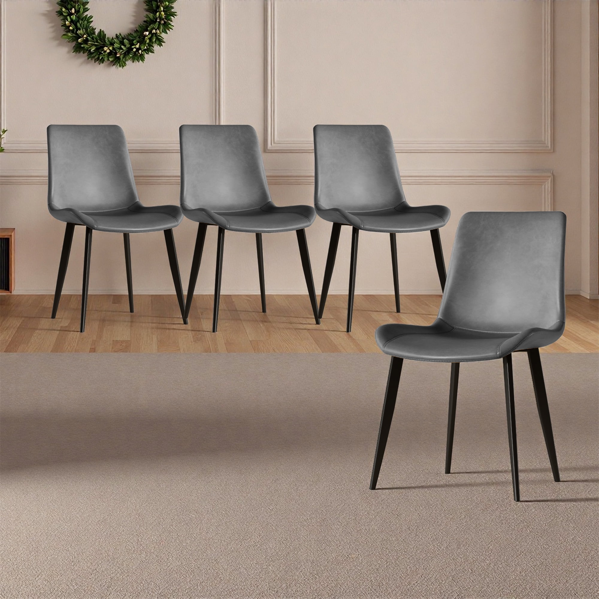 Dining Chairs Set of 4, Modern PU Leather Upholstered Chairs with Metal Legs, Gray Kitchen Dining Room Side Chairs, Comfortable Stackable Design for Home & Office
