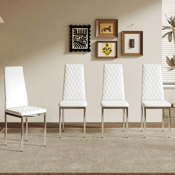 Dining Chairs Set of 4, Modern Upholstered PU Leather Kitchen Chairs with High Backrests and Silver Metal Legs, Armless Accent Side Chairs for Home, White