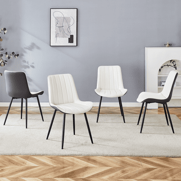 Dining Chairs Set of 4, PU Leather Dining Room Chairs with Extended Cushions and Metal Legs, Waterproof Kitchen Side Chairs for Home Guest Restaurant, White