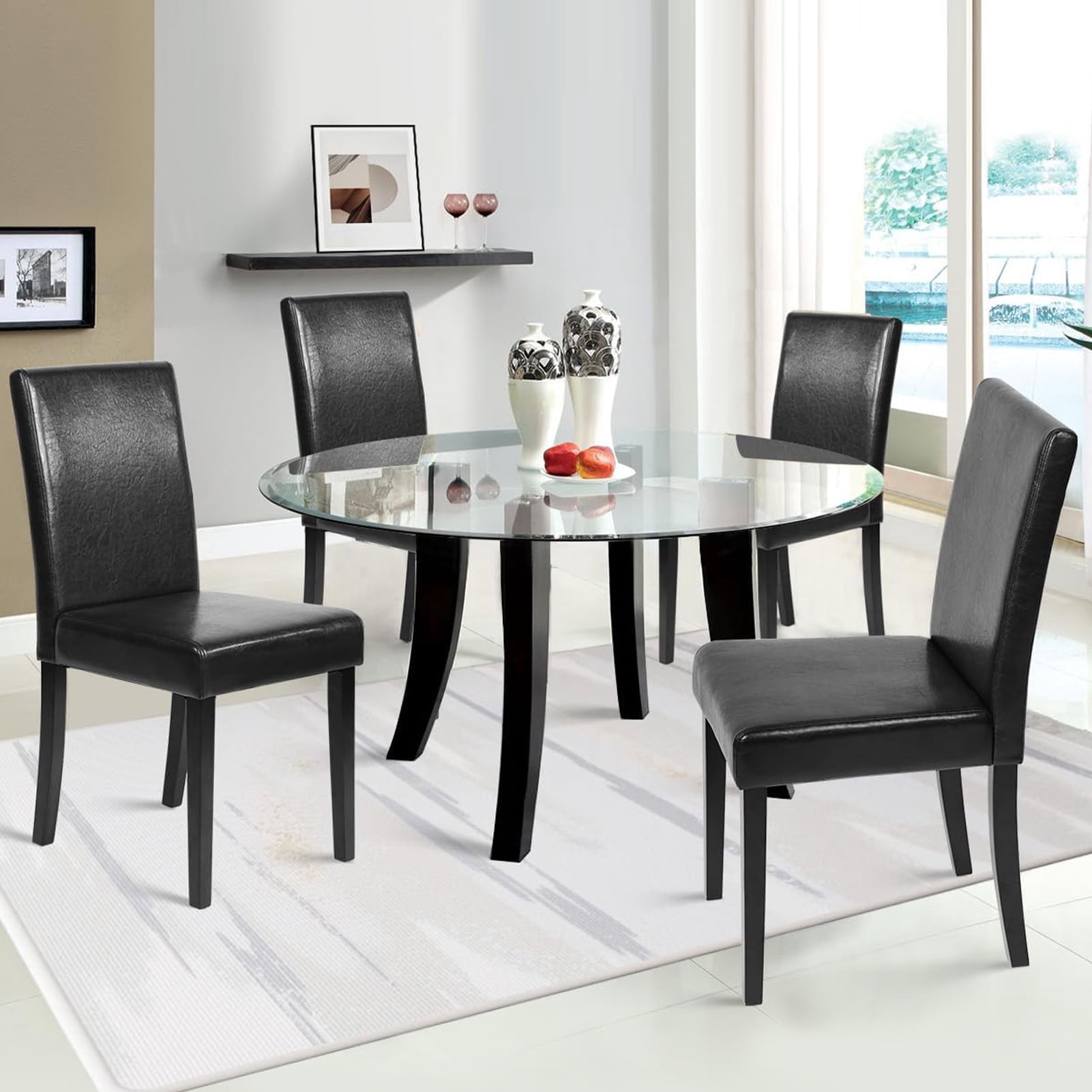 Dining Chairs Set of 4 - PU Leather Upholstered Modern Parsons Chairs with Solid Wood Legs, Sturdy & Durable Curved Backrest for Kitchen, Living Room, Restaurant, Black