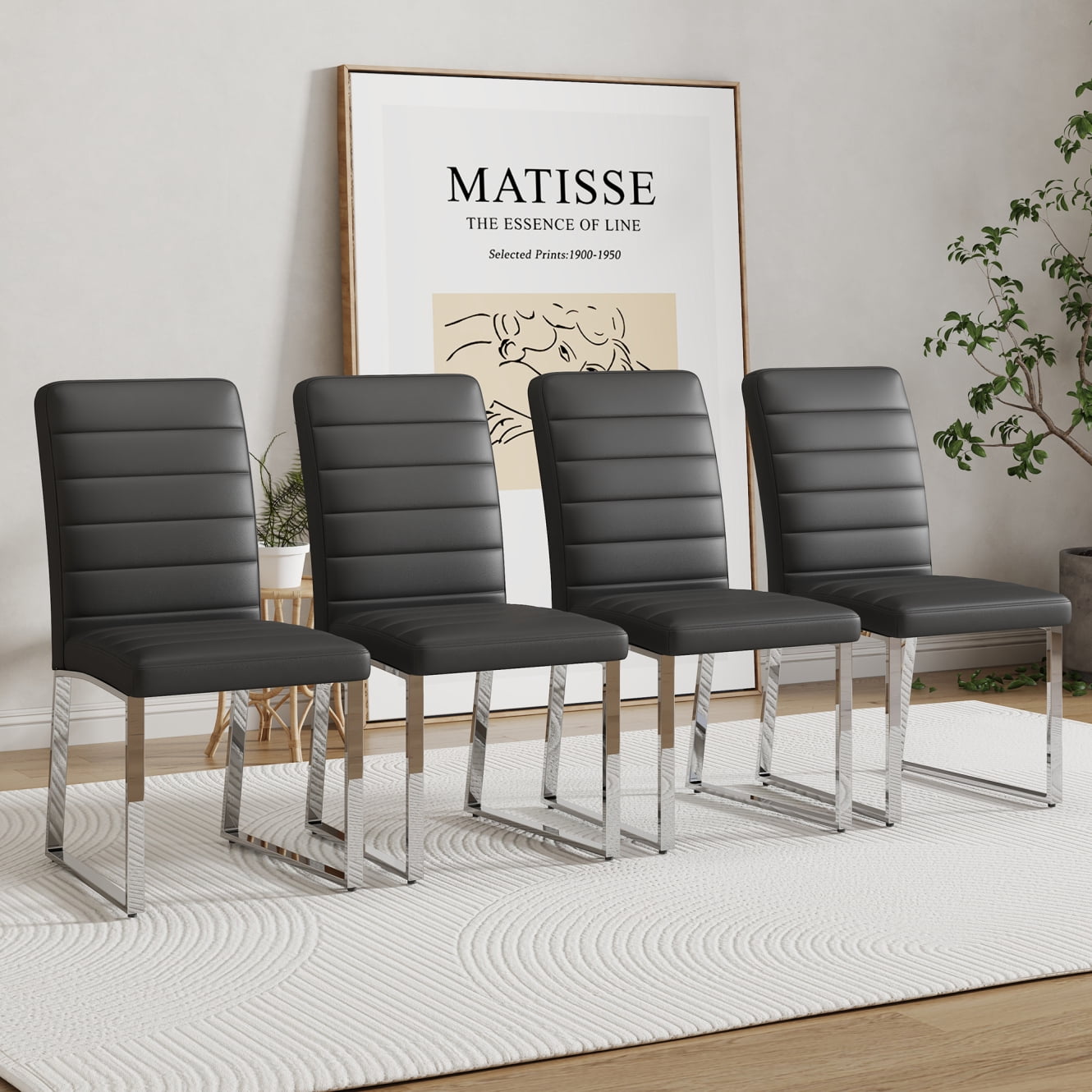 Dining Chairs Set of 4, PU Upholstered Channel Side Chairs with Thick ...