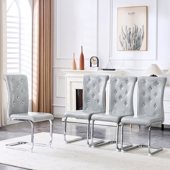 Dining Chairs Set of 4,Retro alligator skin Upholstered dining chairs,with Crystal buckle design and Faux Leather design,a touch of elegance and mystery to the dining area,Electroplated metal bow le