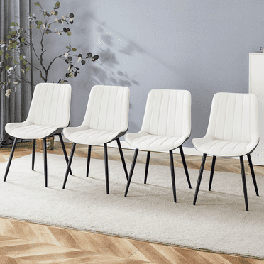 Dining Chairs Set of 4 with Thick Seat Cushion, Modern Upholstered PU Leather Dinner Chairs with Metal Legs & Anti-Slip Feet for Kitchen, Dark Gray, White+Black