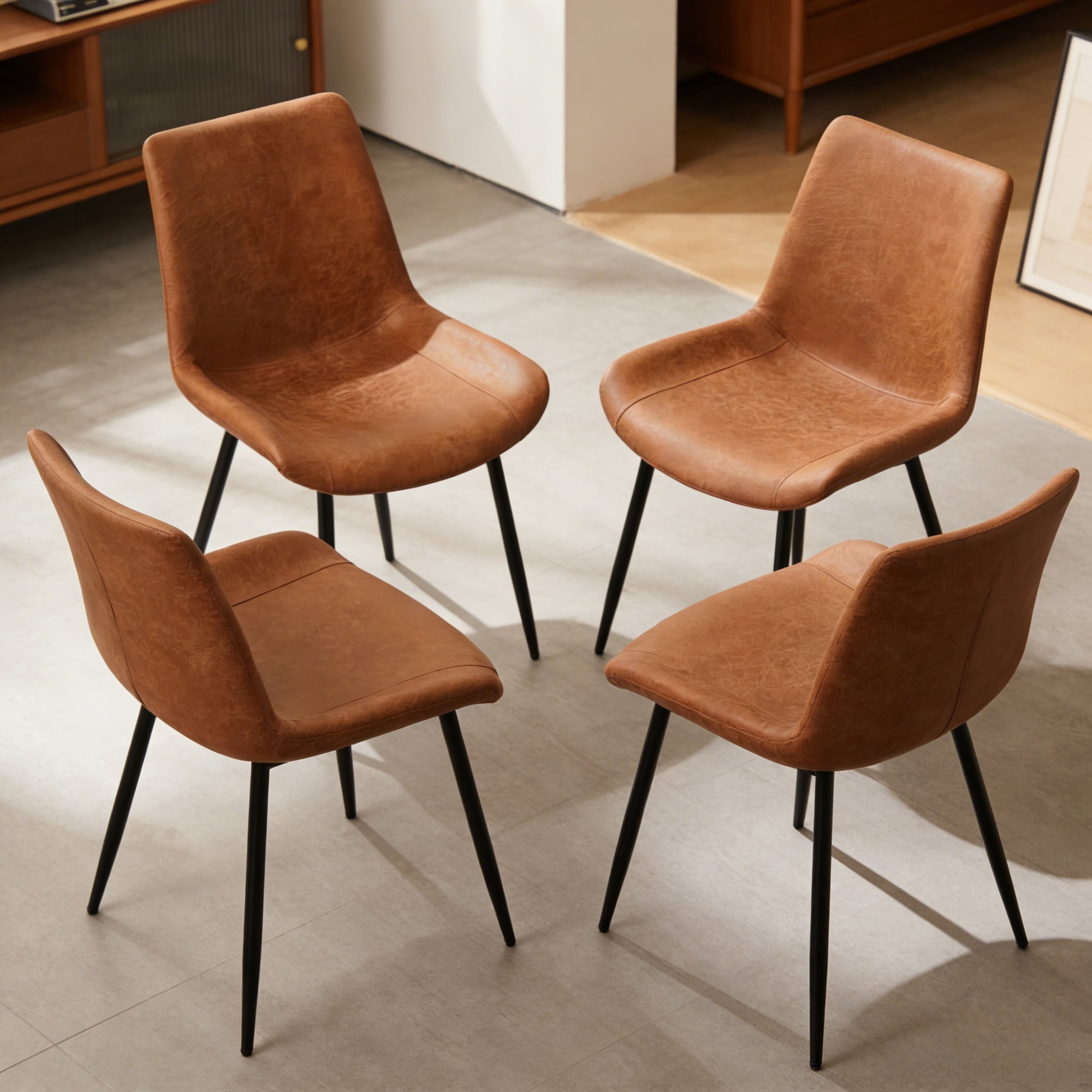 Dining Chairs Set of 4, Upholstered Faux Leather Cushion Seat and Sturdy Metal Legs, Modern Kitchen Dining Room Office Guest Chairs, Easy Assembly Water-Resistant, Brown