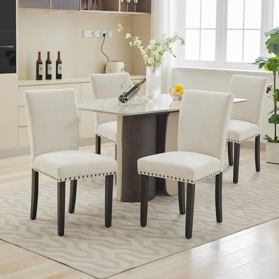 Dining Chairs Set of 4 Upholstered Parsons Diner Room Chair Sets Fabric Kitchen Chairs with Nailhead Trim/Solid Wood Legs and Padded Cushion Accent Chair Modern Living Room Chairs, Beige