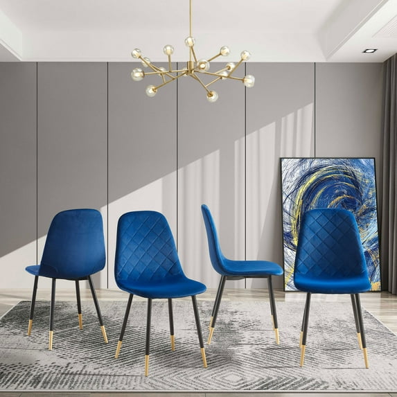 Dining Chairs Set of 4, Velvet Tufted Upholstered Accent Chairs with Golden Metal Legs and High Backrest Modern Armless Chairs Shell Chair Kitchen Side Chairs for Living Room Dining Room, Blue