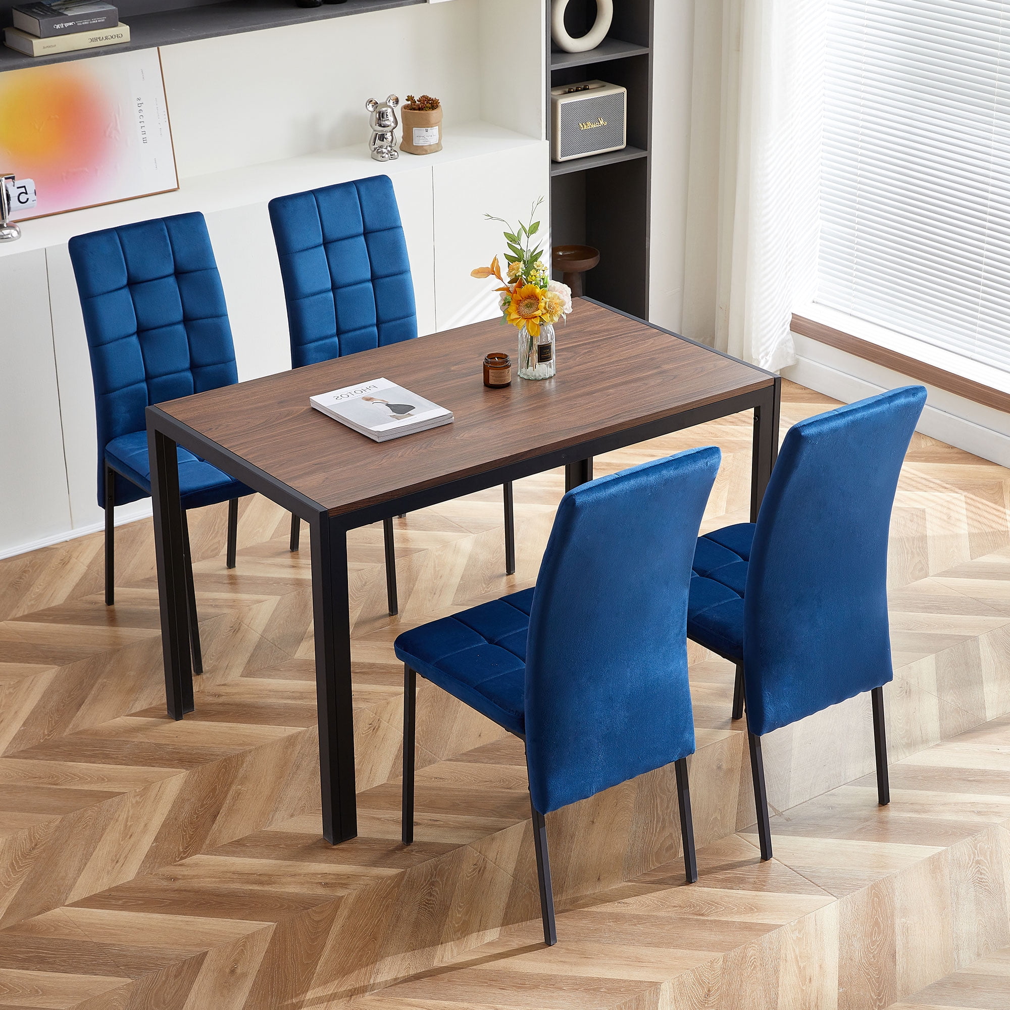 Dark Blue Velvet Upholstered Dining Chairs Set of 4, Armless with