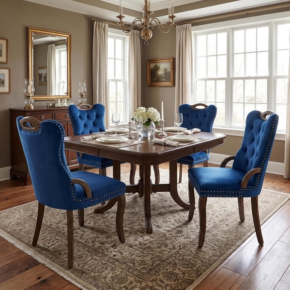 Dining Chairs Set of 4, Velvet Upholstered Kitchen Chairs with Vintage Copper Nails, Solid Wood Handles & Curved Legs, Mid Century Modern Dining Room Chairs for Home (Blue, Set of 4)