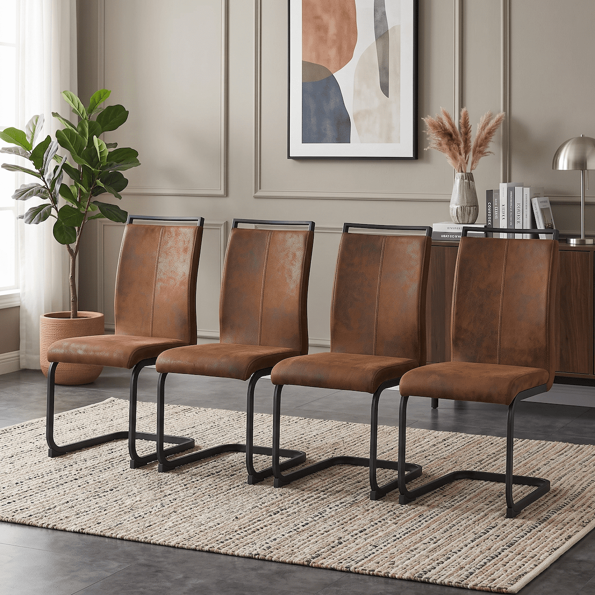 Dining Chairs Set of 4, Vintage Brown Tech Fabric Dining Chairs 39.3 Inch High with Ergonomic Backrest, 17 Inch Deep Seat, Modern Upholstered Chairs for Dining Room, Cafe and Leisure Area