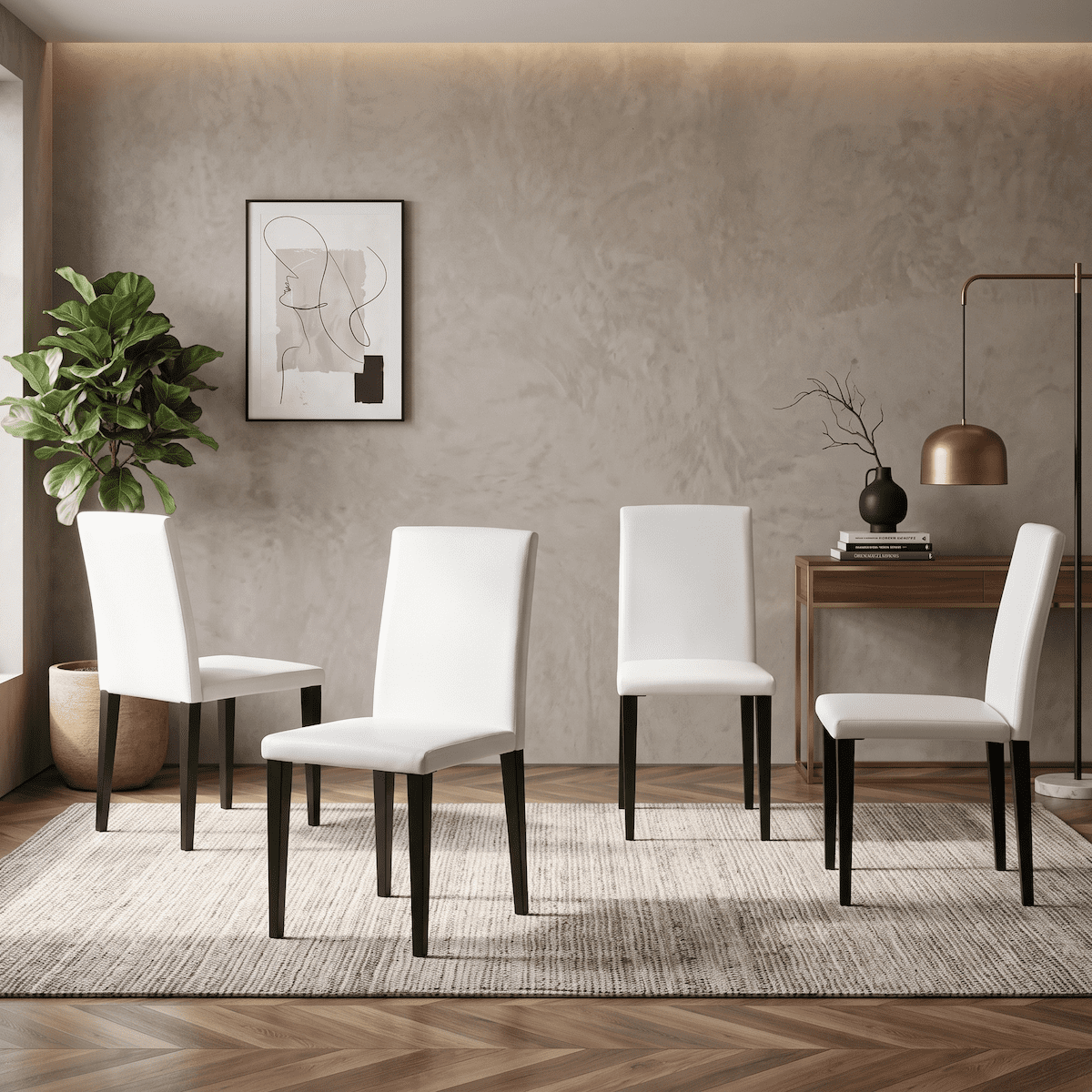 Dining Chairs Set of 4, White PU Leather Dining Chairs 35.4 Inch High with Ergonomic Backrest, 17x16 Sponge Seat, Modern Kitchen Chairs for Dining Room, Home Office and Living Space, Black Metal Leg