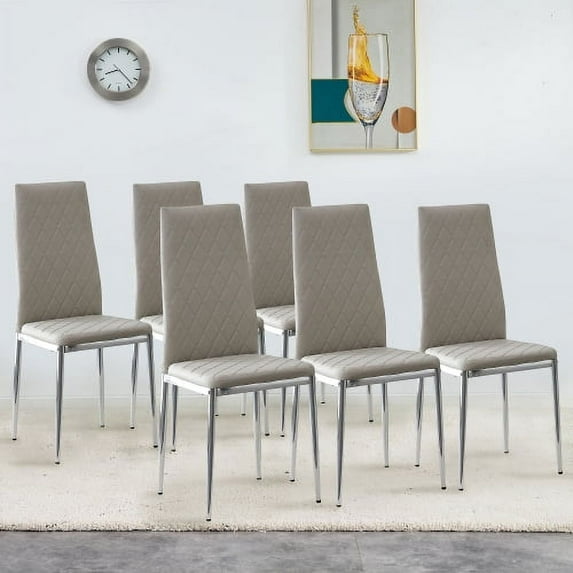 Dining Chairs Set of 6, Grid Shaped Armless Side Chairs Modern Kitchen Chairs with Faux Leather Seat, Chrome-plated Metal Legs and High Back for Dining Room, Kitchen, Living Room (Gray, Set of 6)
