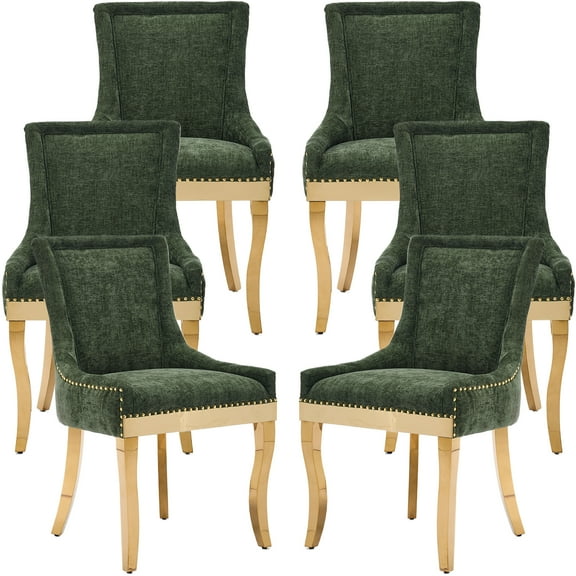 Dining Chairs Set of 6, Kitchen & Dining Room Chairs, Chenille Fabric Upholstered Dinning Chairs, Sillas De Comedor, Nailhead Trim, Metal Legs (Olive Green, 6 Pcs)