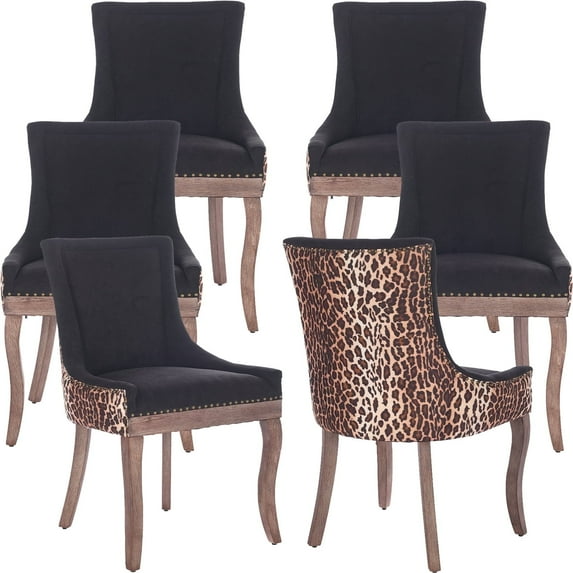 Dining Chairs Set of 6, Kitchen & Dining Room Chairs, Leopord Fabric Upholstered Dinning Chairs, Sillas De Comedor, Nailhead Trim, Wood Legs (Leopord, 6 Pcs)