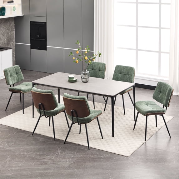 Dining Chairs Set of 6, Mid-Century Modern Kitchen & Dining Chairs, Fabric Upholstered Accent Chair with Metal Legs, Walnut Style Armless Side Chairs for Guest Reception Waiting Room, Green