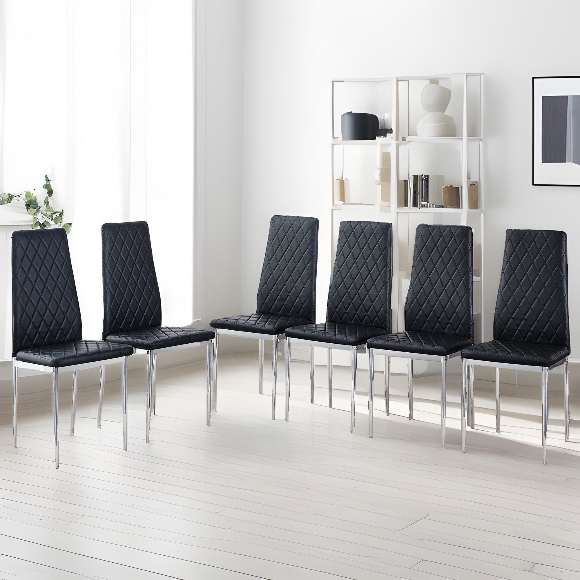 Dining Chairs Set of 6 Modern Dining Room Chairs Leather Upholstered Dining Chair with High Back Armless Kitchen Chairs with Metal Legs for Restaurant, Living Room, Black