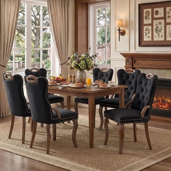 Dining Chairs Set of 6, Velvet Upholstered Kitchen Chairs with Vintage Copper Nails, Solid Wood Handles & Curved Legs, Mid Century Modern Dining Room Chairs for Home (Black, Set of 6)