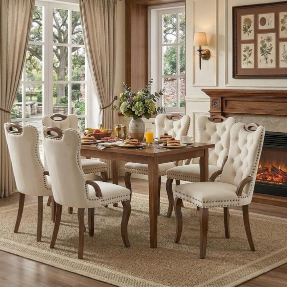 Dining Chairs Set of 6, Velvet Upholstered Kitchen Chairs with Vintage Copper Nails, Solid Wood Handles & Curved Legs, Mid Century Modern Dining Room Chairs for Home (Beige, Set of 6)