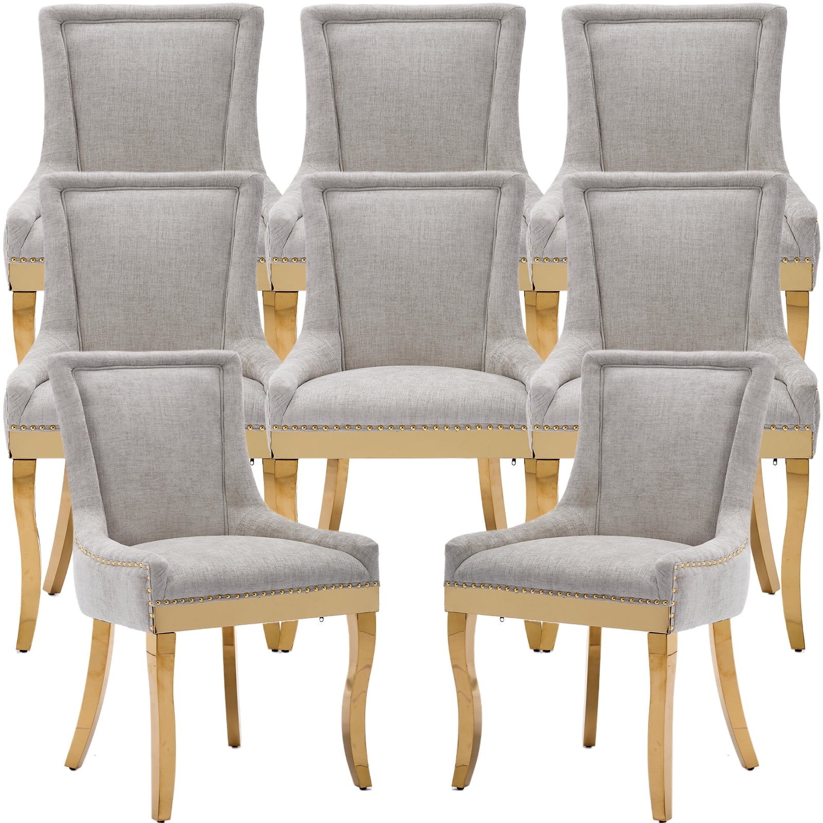 Dining Chairs Set of 8, Kitchen & Dining Room Chairs, Chenille Fabric Upholstered Dinning Chairs, Sillas De Comedor, Nailhead Trim, Metal Legs (Beige, 8 Pcs)