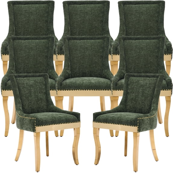 Dining Chairs Set of 8, Kitchen & Dining Room Chairs, Chenille Fabric Upholstered Dinning Chairs, Sillas De Comedor, Nailhead Trim, Metal Legs (Olive Green, 8 Pcs)