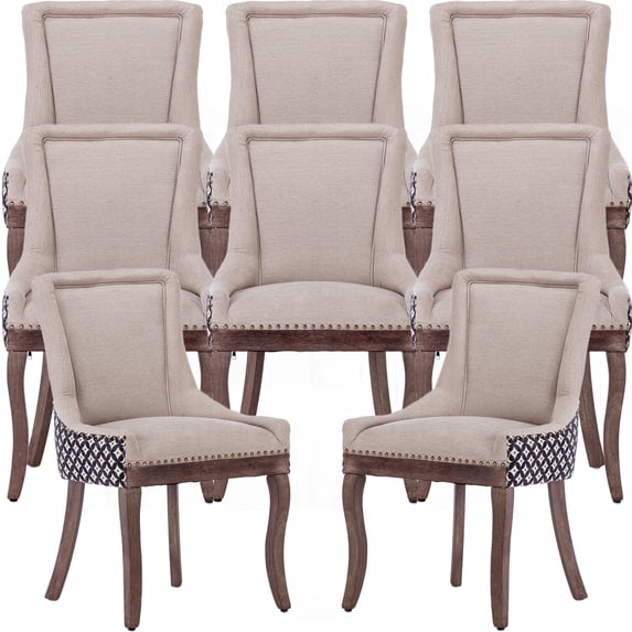 Dining Chairs Set of 8, Kitchen & Dining Room Chairs, Fabric Upholstered Dinning Chairs, Sillas De Comedor, Nailhead Trim, Wood Legs (Beige, Pattern, 8 Pcs)