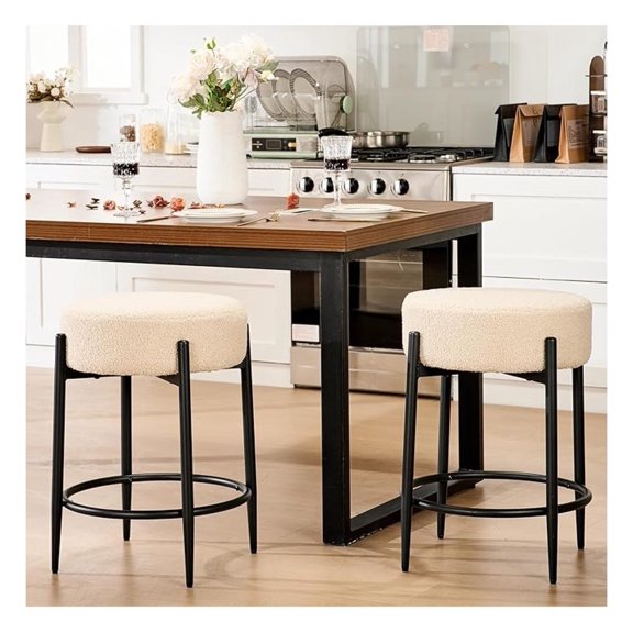 Dining Chairs Set of 2, 23.6" Backless Kitchen Living Room Chair Century Modern Chairs with Round Soft Beige Boucle Padded & Solid Metal Legs