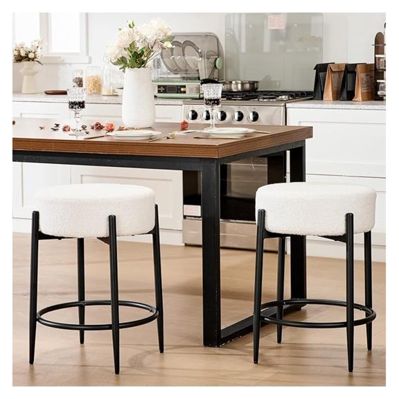 Dining Chairs Set of 2, 23.6" Backless Kitchen Living Room Chair Century Modern Chairs with Round Soft White Boucle Padded & Solid Metal Legs