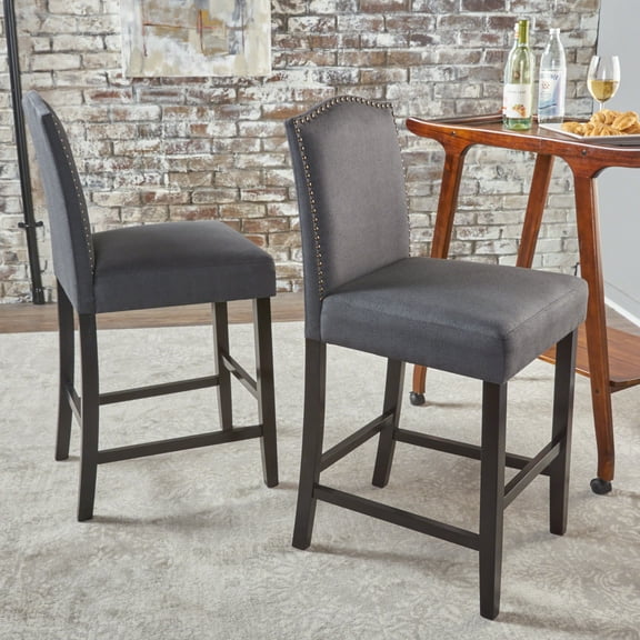 Dining Chairs Set of 2, 26.25" Upholstered Counter Height Barstools with Nailhead Trim, Dark Charcoal and Walnut, Fabric,Wooden Dining Chairs