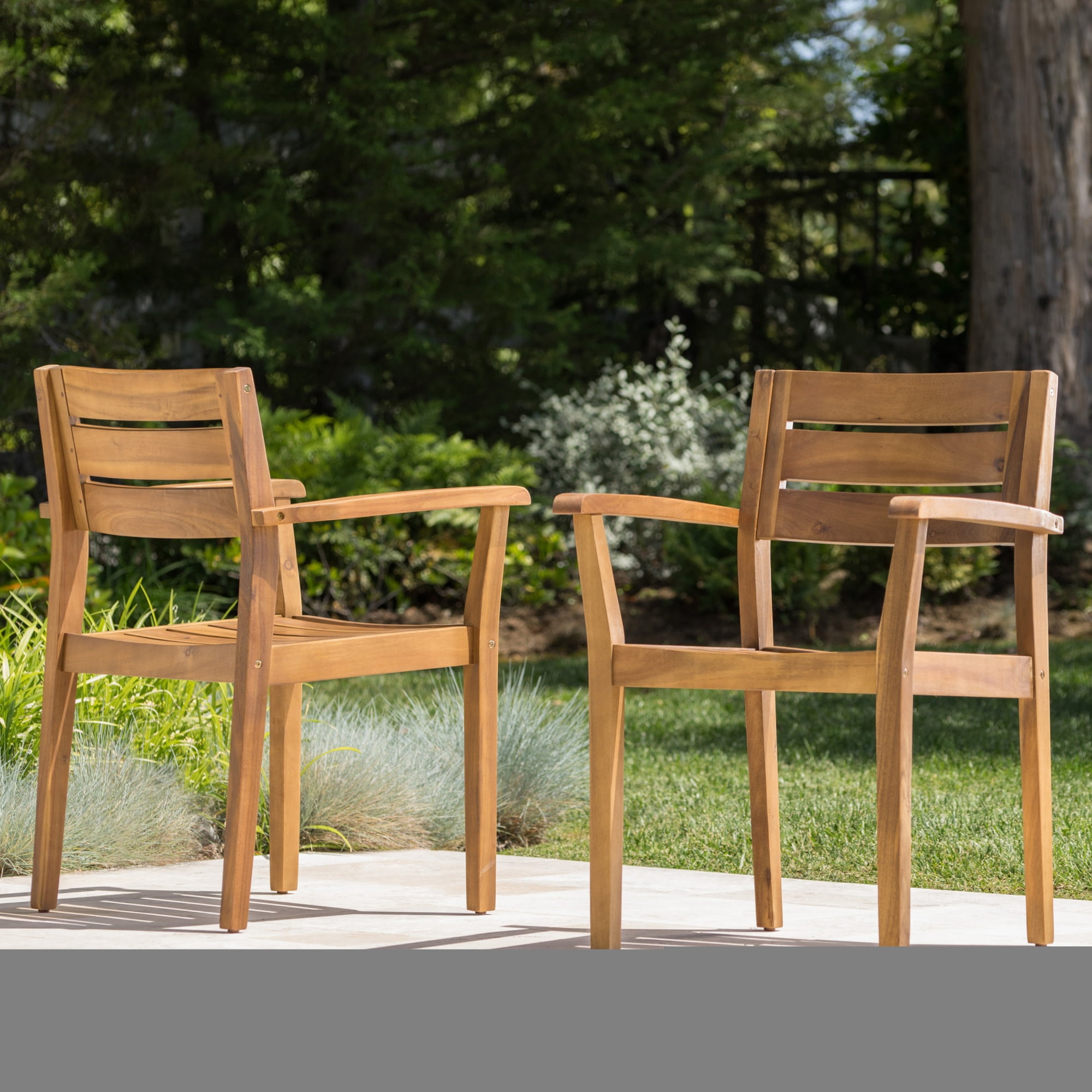Dining Chairs Set of 2, Acacia Wood Patio Armchair for Backyard and Poolside, Weather Treated Outdoor Seating for Garden and Deck, Teak
